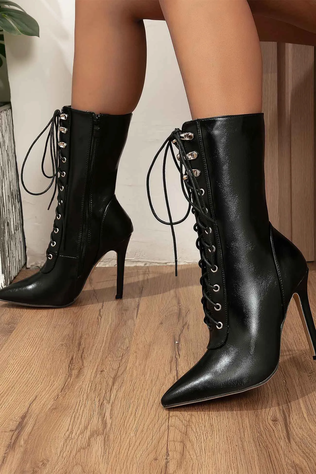 Pointed Toe Lace Up Mid-Calf Boots