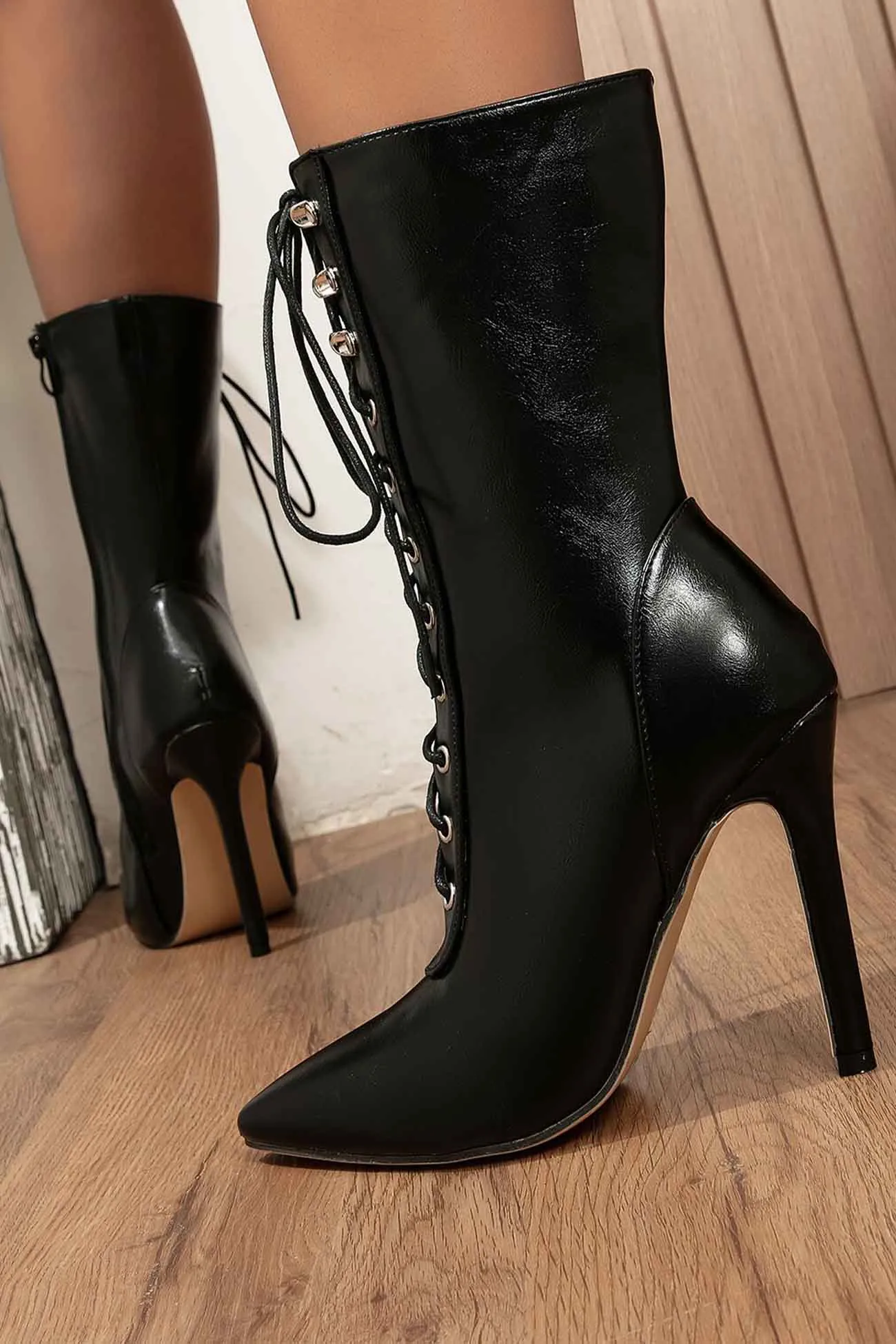 Pointed Toe Lace Up Mid-Calf Boots