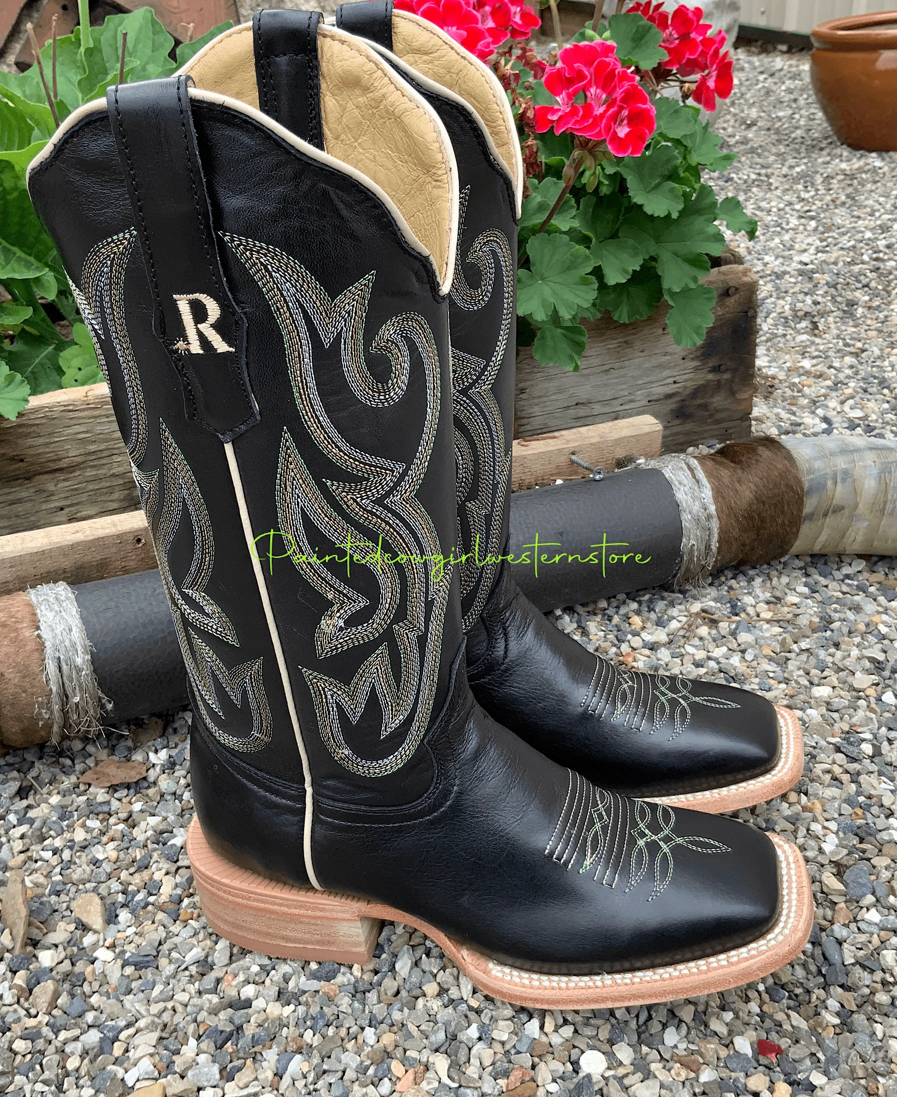 R. Watson Women's Ebony Black Calf Leather Square Toe Cowgirl Boots RWL8300