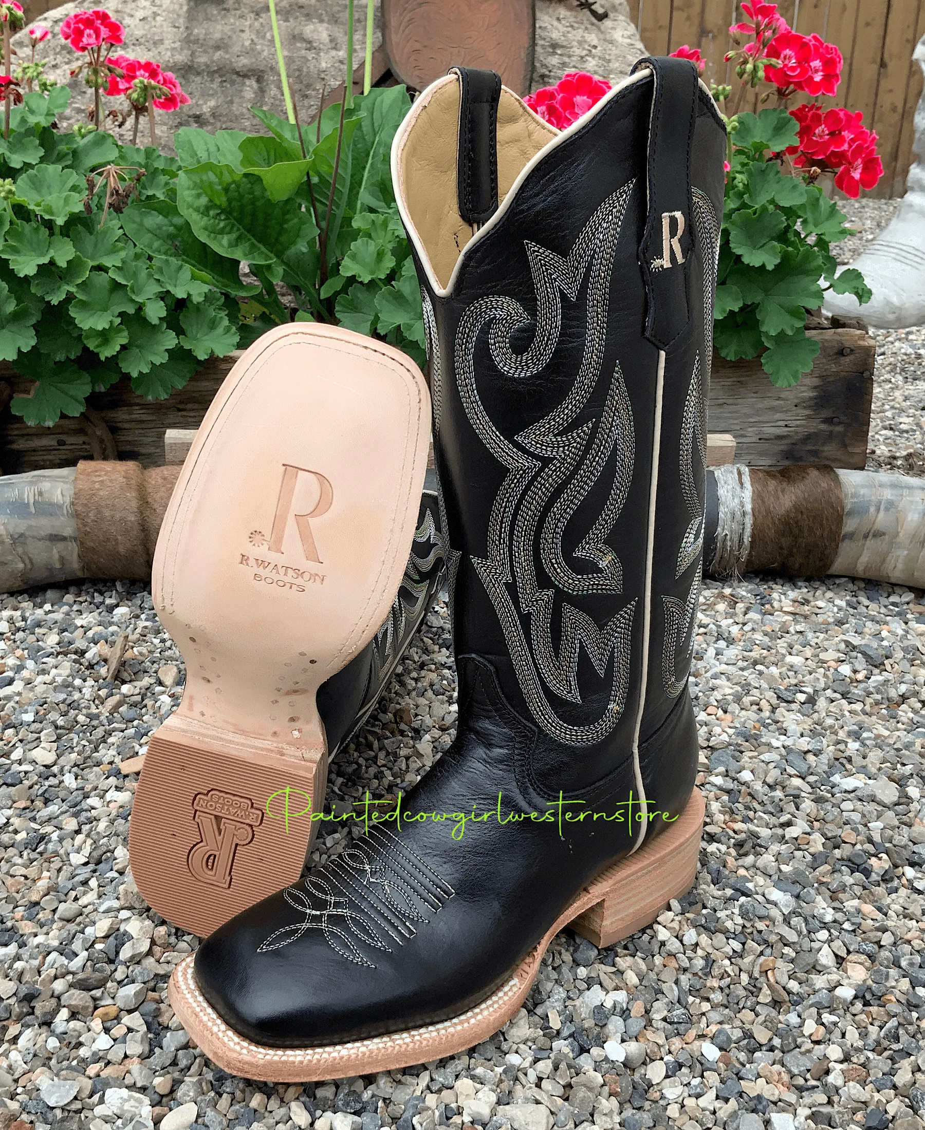 R. Watson Women's Ebony Black Calf Leather Square Toe Cowgirl Boots RWL8300