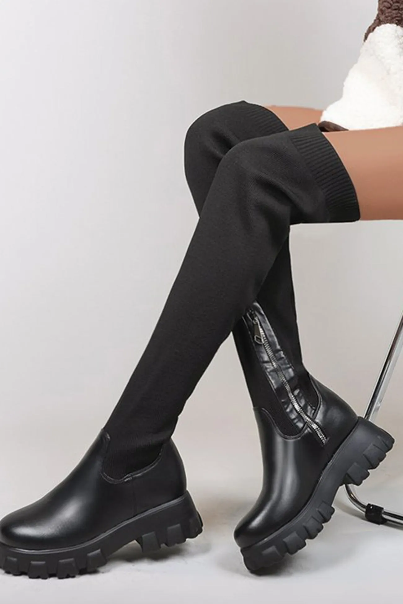 Round-toe Patchwork Over The Knee Knit Boots