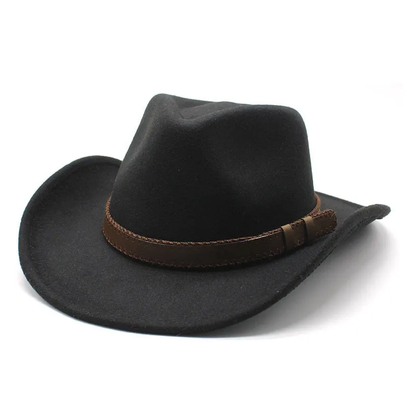 Unisex Winter Patchwork Wool Belt Decor Western Jazz Cowboy Hat