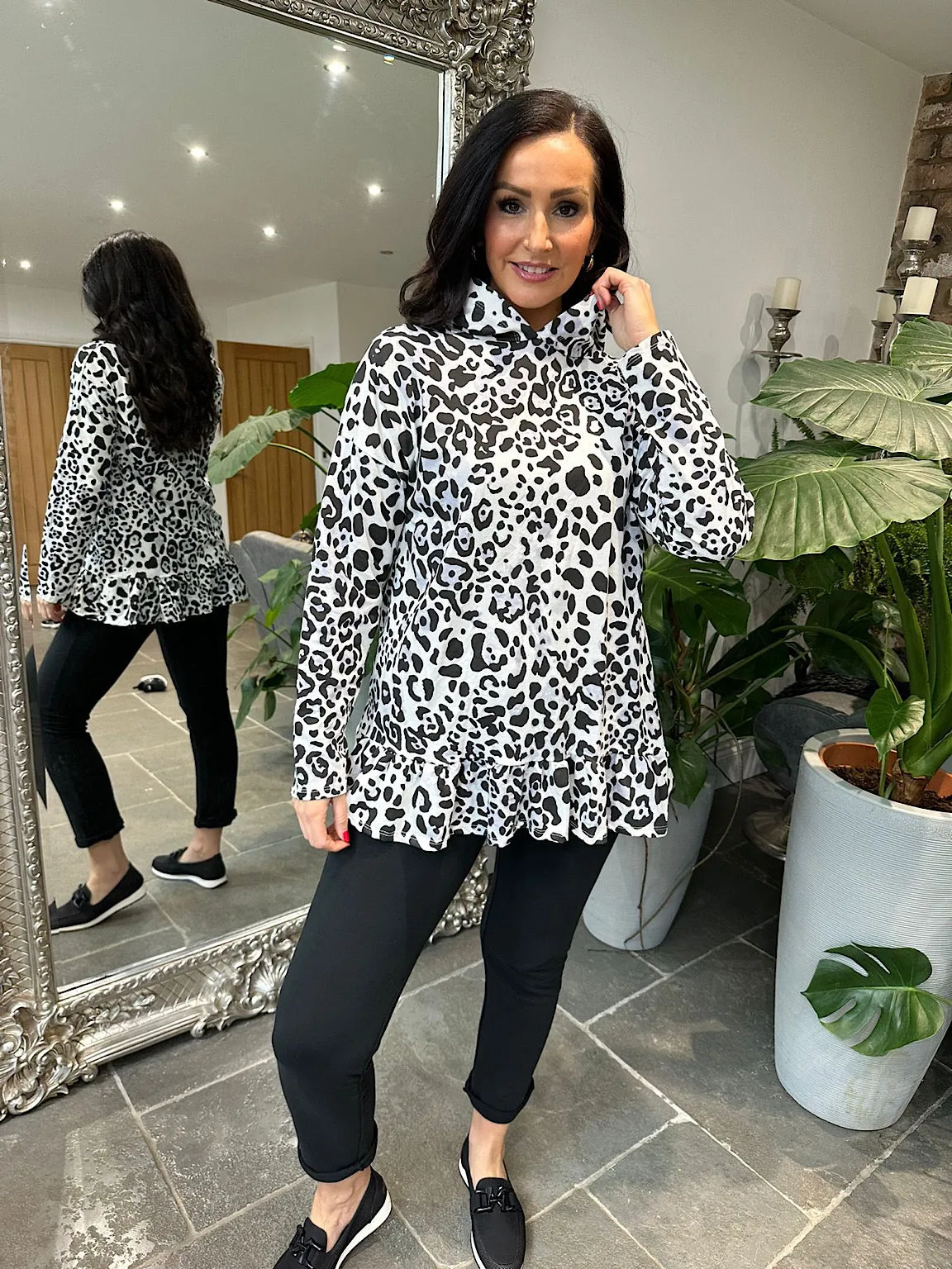 White Leopard Print Frill Hem Hooded Sweatshirt India