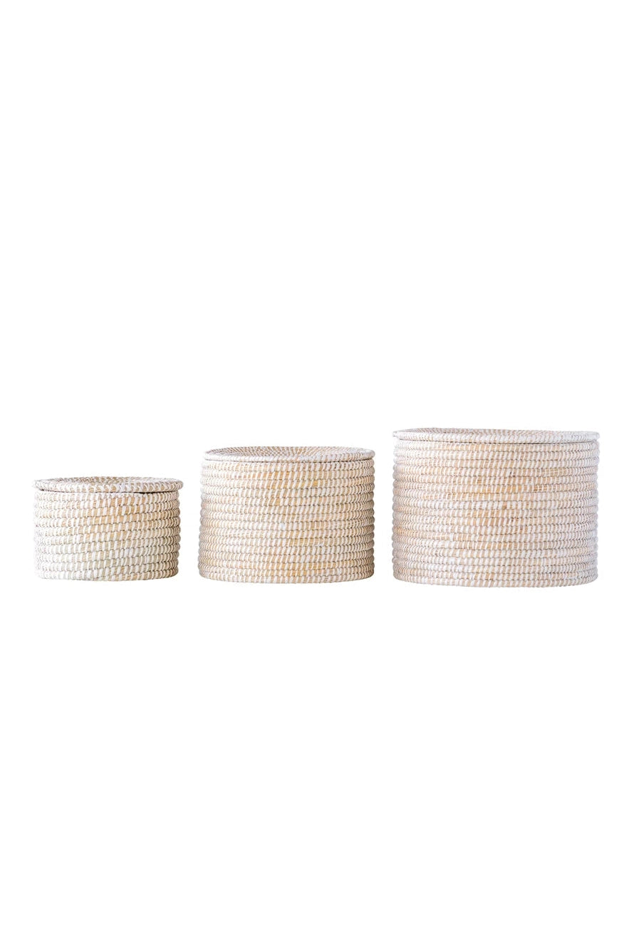 Whitewashed Woven Baskets with Lid