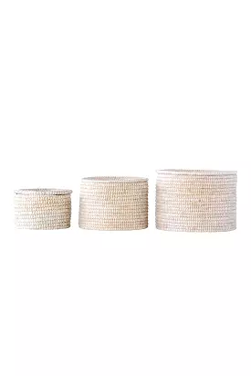 Whitewashed Woven Baskets with Lid