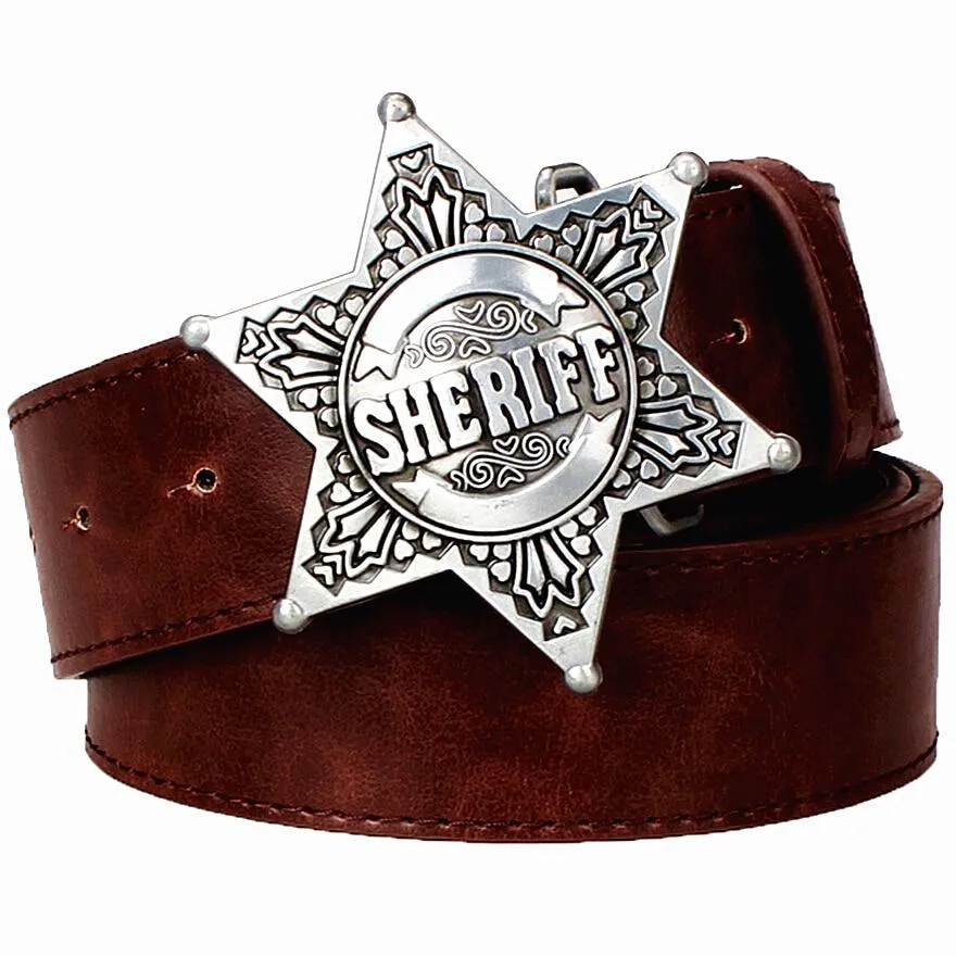 Wild Retro Hexagram Sheriff Badge Bold Metal Buckle Belt for Men