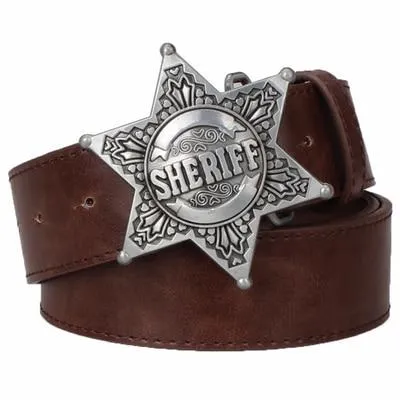 Wild Retro Hexagram Sheriff Badge Bold Metal Buckle Belt for Men