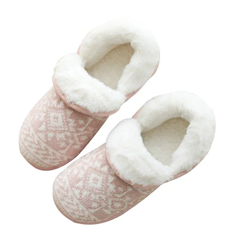 Women's Winter Warm Cotton Plush Knitting Printed Indoor House Slippers