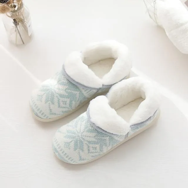 Women's Winter Warm Cotton Plush Knitting Printed Indoor House Slippers