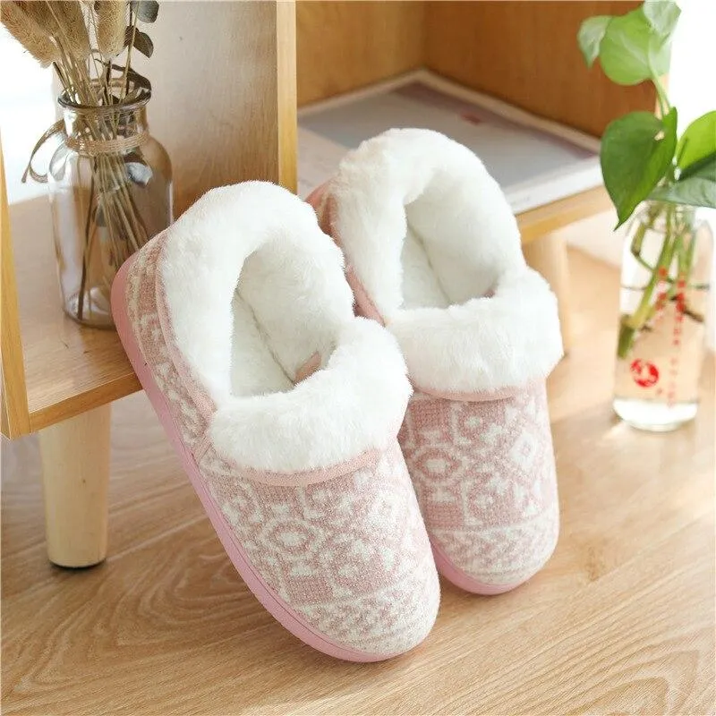 Women's Winter Warm Cotton Plush Knitting Printed Indoor House Slippers