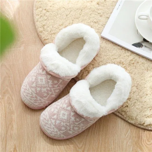 Women's Winter Warm Cotton Plush Knitting Printed Indoor House Slippers